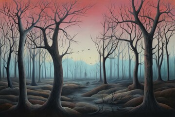 Poster - Surreal and enchanting twilight forest landscape with barren trees. Mystical flight of birds. Tranquil nature. And eerie. Serene atmosphere - a digital painting fantasy of a magical