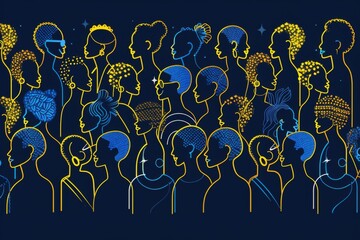 Wall Mural - Stylized illustration of a group of people in blue and gold tones representing unity and diversity