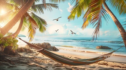 Wall Mural - beautiful caribbean beach, with palm trees, bright colors, a hanging hammock and birds flying in the background