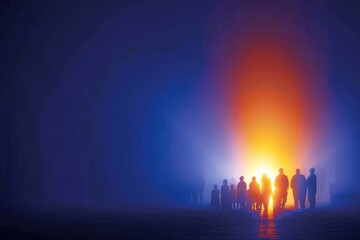 Poster - Group of people in silhouette against a dramatic glowing light background at dusk