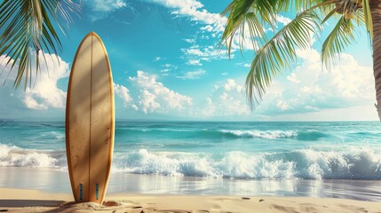 Surfboard on tropical beach in summer. landscape of summer beach and palm tree with sea blue sky background. vintage color tone. Beach. Ultra realistic. Photorealistic