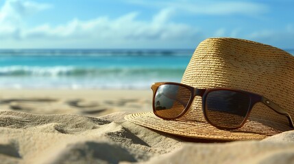 Straw hat and sunglasses on beach. Beach. Ultra realistic. Photorealistic