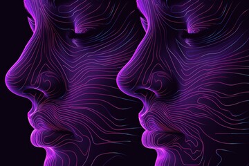 Poster - Dual profile of a woman in vibrant purple hues with intricate line art details