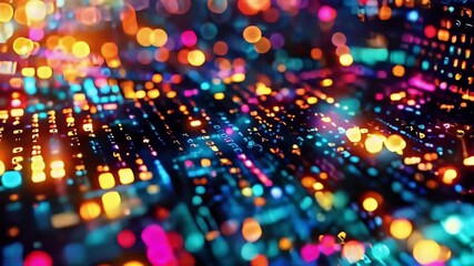 Wall Mural - Abstract technology background with binary code and bokeh lights. Illuminated cyberspace network communication. System with glowing matrix encryption program and virtual computer software information