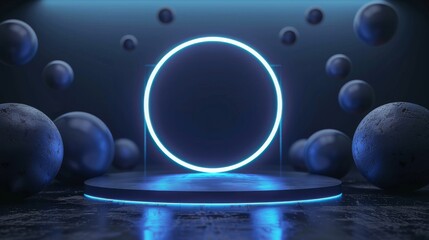 Wall Mural - Futuristic display podium with a glowing circular frame, set against a dark background with floating spheres, emphasizing modern design and elegance