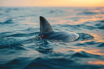 Wall Mural - shark fin on surface of ocean agains blue cloudy sky