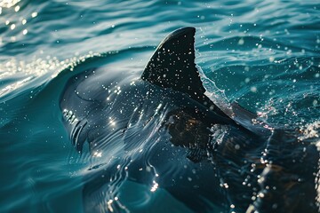 Wall Mural - shark fin on surface of ocean agains blue cloudy sky