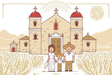 Sticker - Cartoon illustration of a traditional church with children in festive attire