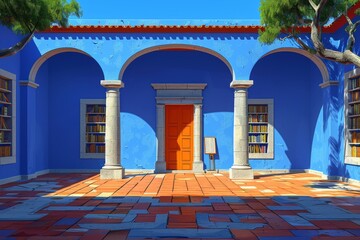 Canvas Print - Bright blue courtyard with traditional architecture and sunlight casting shadows