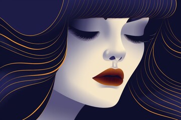 Sticker - Stylized portrait of a woman with closed eyes and flowing hair in deep blue tones