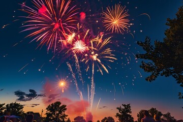  Firework Display Above Park, Fourth of July, People Watching stock photo