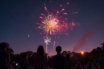  Firework Display Above Park, Fourth of July, People Watching stock photo