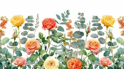 Sticker - Botanical illustration of various flowers and leaves, including roses and eucalyptus, set against a white background, emphasizing natural beauty