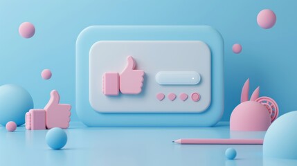 Wall Mural - 3D illustration of a search bar with a thumbs-up icon and cursor, set against a light blue background, representing online interaction and approval