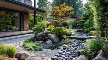 Sticker - Beautifully landscaped garden with a mix of small trees, shrubs, and rocks, creating a serene and natural setting