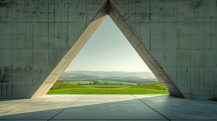 Wall Mural - Abstract architectural scene with a large, triangular concrete opening framing a view of a green landscape under a clear sky