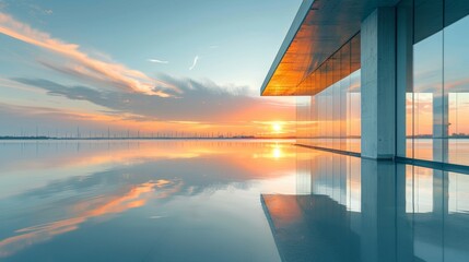 Wall Mural - Modern architectural scene with large glass windows and concrete pillars, reflecting a serene sunset over the water