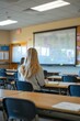 © sergio - Blonde student sitting at a desk in a classroom. AI.