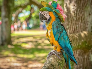 Poster - A parrot wearing a straw hat with pink flowers perches on a tree branch. AI.