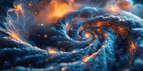 Wall Mural - blue and orange glowing particles form a spiral. ai.