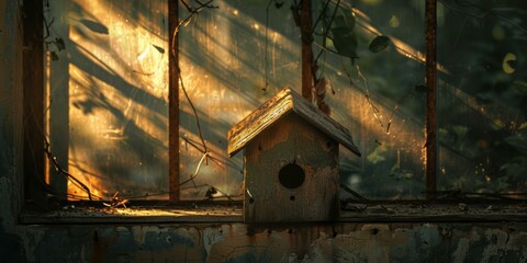 Wooden birdhouse in a garden. AI.