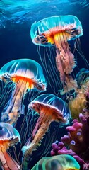 Wall Mural - Mesmerizing jellyfish in vibrant underwater scene for slow motion background