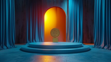 Wall Mural - D illustration of a stage with a yellow coin and blue curtains, set against a blue background, creating a vibrant and dynamic presentation scene