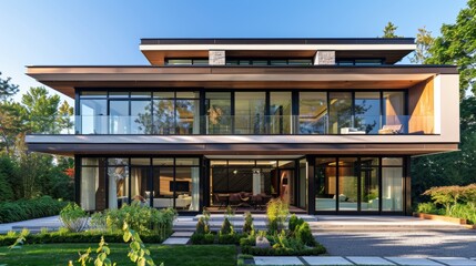 Canvas Print - Modern two-story house with large glass windows and a sleek design, surrounded by greenery and a paved driveway, set against a clear blue sky, highlighting contemporary architecture