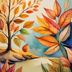 Wall Mural - colorful autumn leaves watercolor concept painting