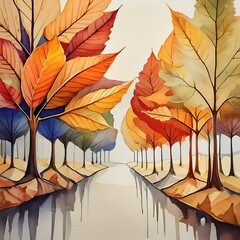Wall Mural - colorful autumn leaves watercolor concept painting