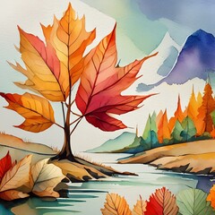 Wall Mural - colorful autumn leaves watercolor concept painting