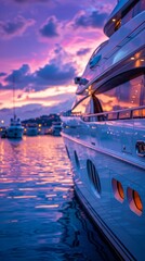 Poster - Close-up of a yacht docked in a harbor, viewed from the corner of the yacht, calm blue sea, purple dusk sky with vibrant colors, very clean and comfortable harbor, photography style, realistic with vi