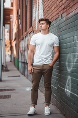 Canvas Print - A man in a white shirt and khaki pants stands in front of a brick wall. He is posing for a photo, and the overall mood of the image is casual and relaxed