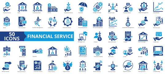 Financial service icon collection set. Containing bank, advisor, money, wealth management, insurance, foreign exchange, mutual funds icon. Simple flat vector.