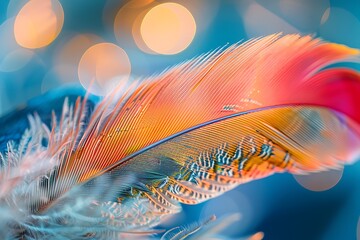 Wall Mural - A close-up of a colorful feather with a bokeh effect enhancing its texture