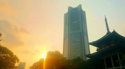 A modern skyscraper juxtaposed against an ancient temple representing the clash and coexistence of progress and heritage in urban development