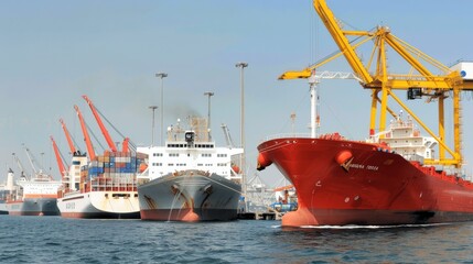 A bustling industrial port with massive cargo ships and cranes symbolizing global trade and the interconnectedness of modern economies