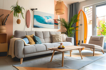 Wall Mural - Stylish interior of living room with grey sofa, armchair, coffee table and surfboard