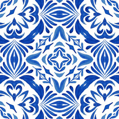 Wall Mural - Abstract blue and white tile seamless ornamental watercolor paint pattern. Azulejo cobalt color portuguese style mediterranean