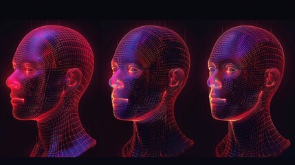 Poster - 90s 3DCG graphics, wireframe glowing human head at different rotation variations from behind against black background