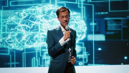 Poster - Speaker does presentation during tech conference, exploring successful implementation of AI in driving forward startup businesses, sharing latest machine learning discoveries, camera A