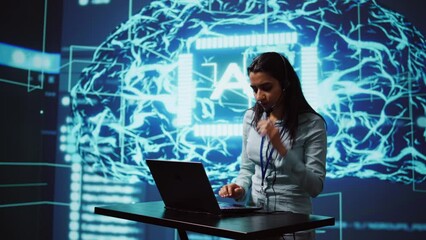 Poster - Speaker talking in online webinar, exploring ways AI can positively enhance companies workforce. Presenter promoting artificial intelligence solutions during internet presentation, camera B