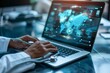 © Master old - Medicine doctor analysis and diagnosis checking health of patient online and testing result with modern virtual interface on laptop with stethoscope in hand, Online Medical global network concept