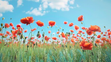 Canvas Print - Vibrant field of red poppies under a clear blue sky. Beautiful and enchanting, this nature-themed photo captures the essence of spring and summer. 