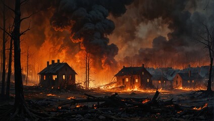 Wall Mural - Fire in a rural village