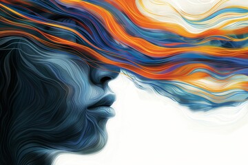 Canvas Print - Abstract profile illustration of a woman with flowing colorful hair, symbolizing creativity, freedom, and modern artistic expression