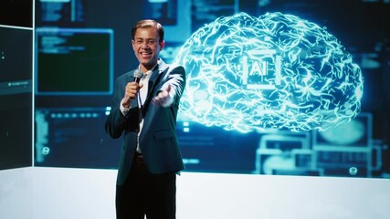 Poster - Upbeat presenter inviting engineer on stage during global IT conference to talk about subjects such as enterprise AI, deep learning, big data, neural networks and cognitive computing, camera A