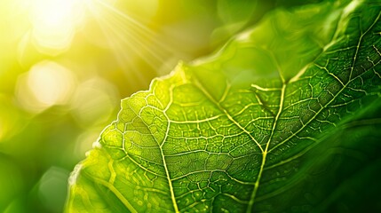 Wall Mural - Close-up of a vibrant green leaf bathed in sunlight. Macro photography of a leaf with visible veins. Ideal for nature lovers and eco-friendly content. Suitable for backgrounds and nature themes. AI