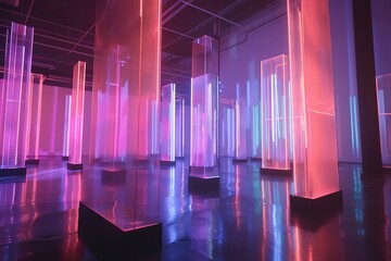 Modern art installation featuring illuminated transparent pillars, casting pink and blue light in a dark room with a reflective floor.