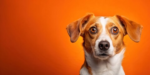 Wall Mural - Surprised dog with wide eyes and raised eyebrows staring at something off camera on solid orange background, dog, surprised